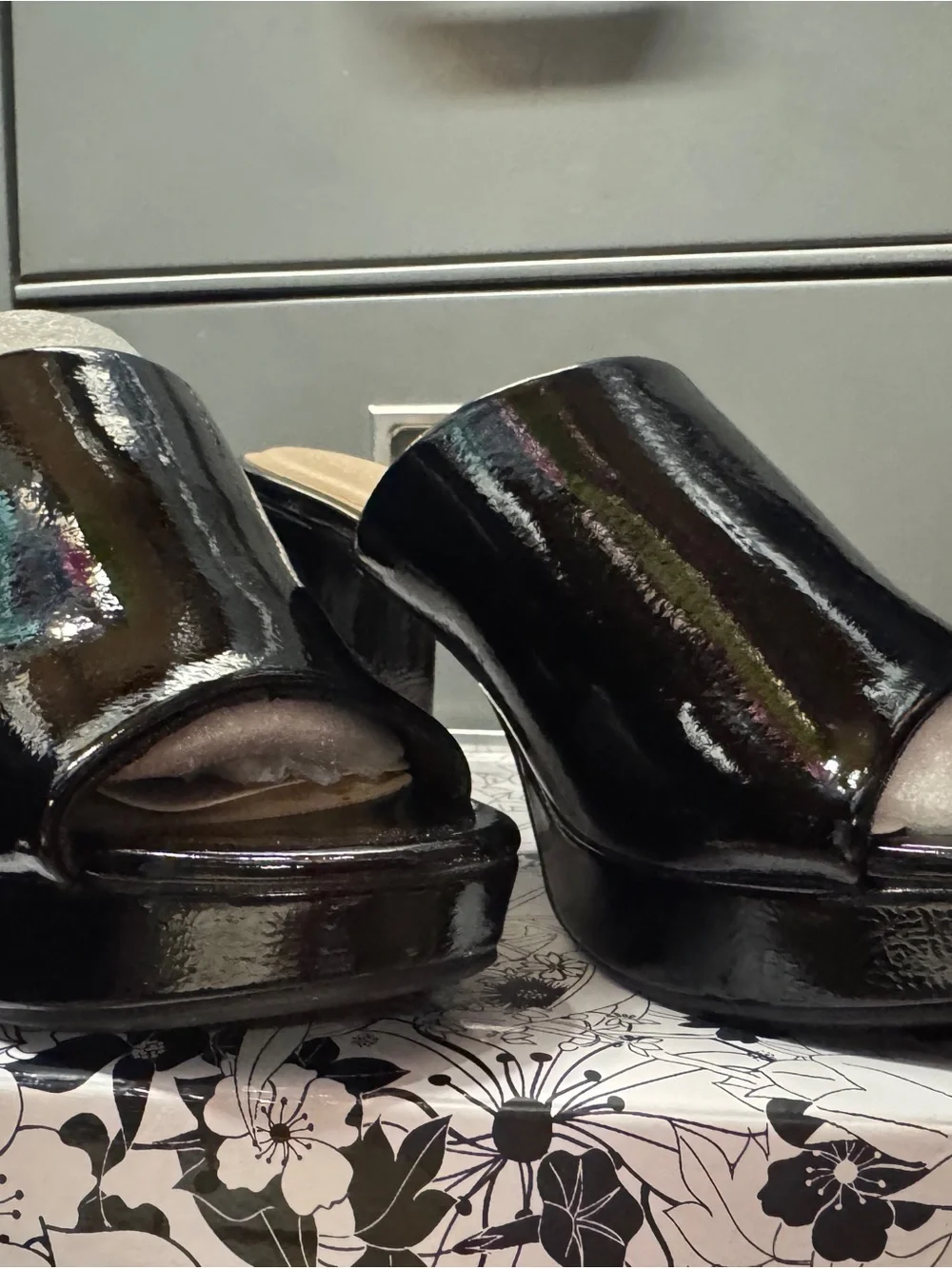 Chinese Laundry Black Patent Platform Mule Heels